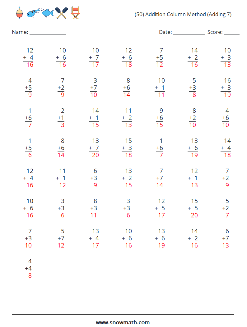 (50) Addition Column Method (Adding 7) Maths Worksheets 7 Question, Answer