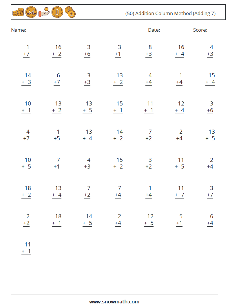 (50) Addition Column Method (Adding 7) Maths Worksheets 8