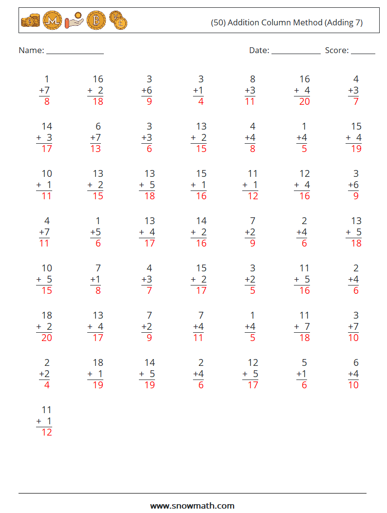 (50) Addition Column Method (Adding 7) Maths Worksheets 8 Question, Answer