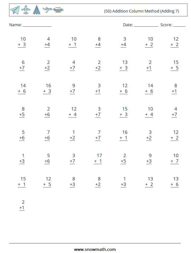 (50) Addition Column Method (Adding 7) Maths Worksheets 9