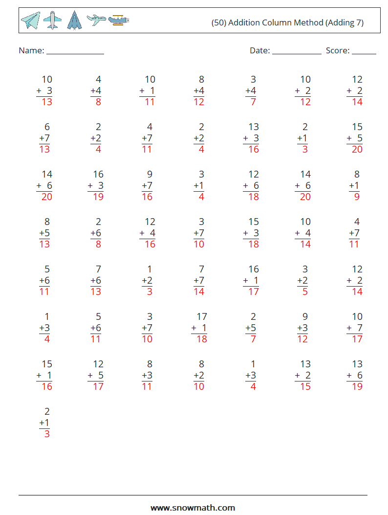 (50) Addition Column Method (Adding 7) Maths Worksheets 9 Question, Answer