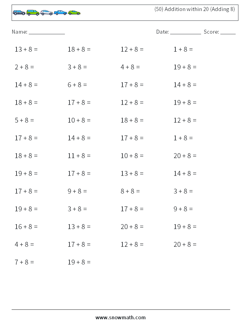 (50) Addition within 20 (Adding 8) Maths Worksheets 2