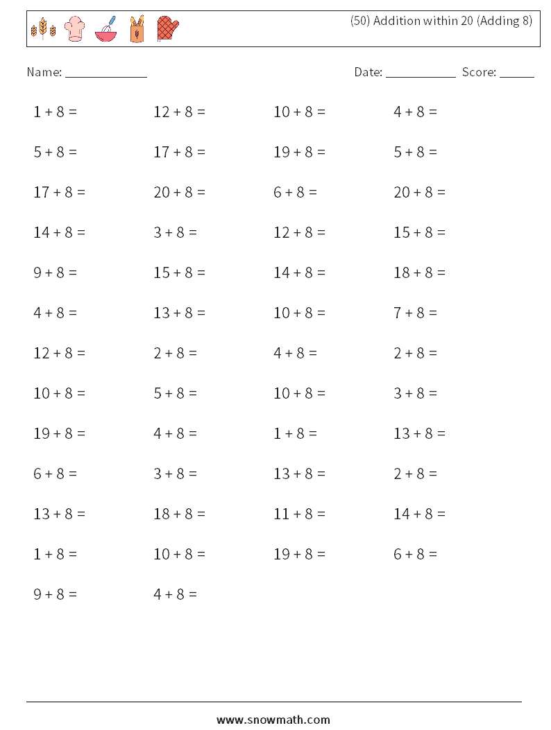 (50) Addition within 20 (Adding 8) Maths Worksheets 3