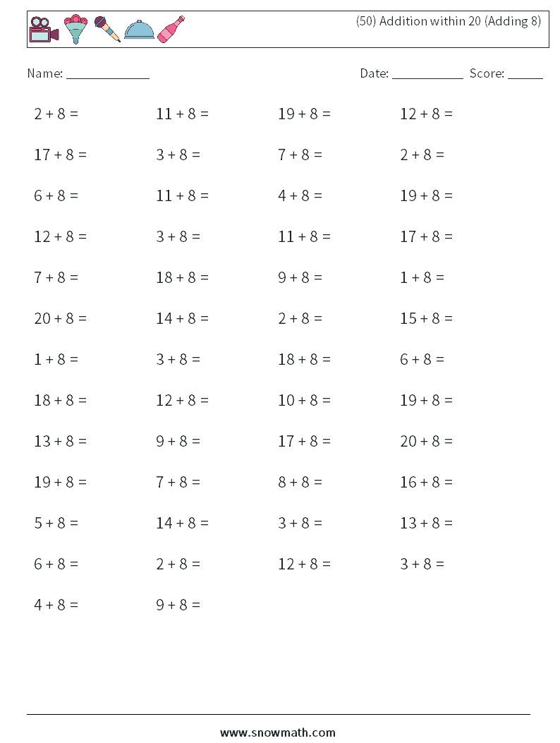 (50) Addition within 20 (Adding 8) Maths Worksheets 5