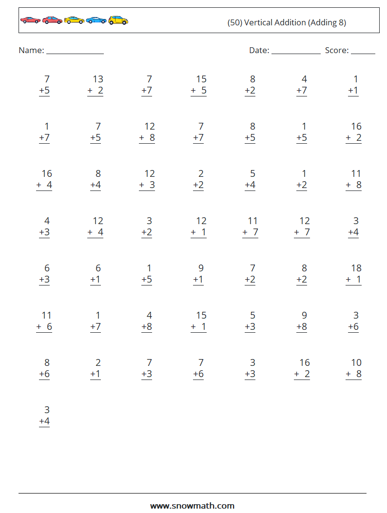 (50) Vertical  Addition (Adding 8) Maths Worksheets 1