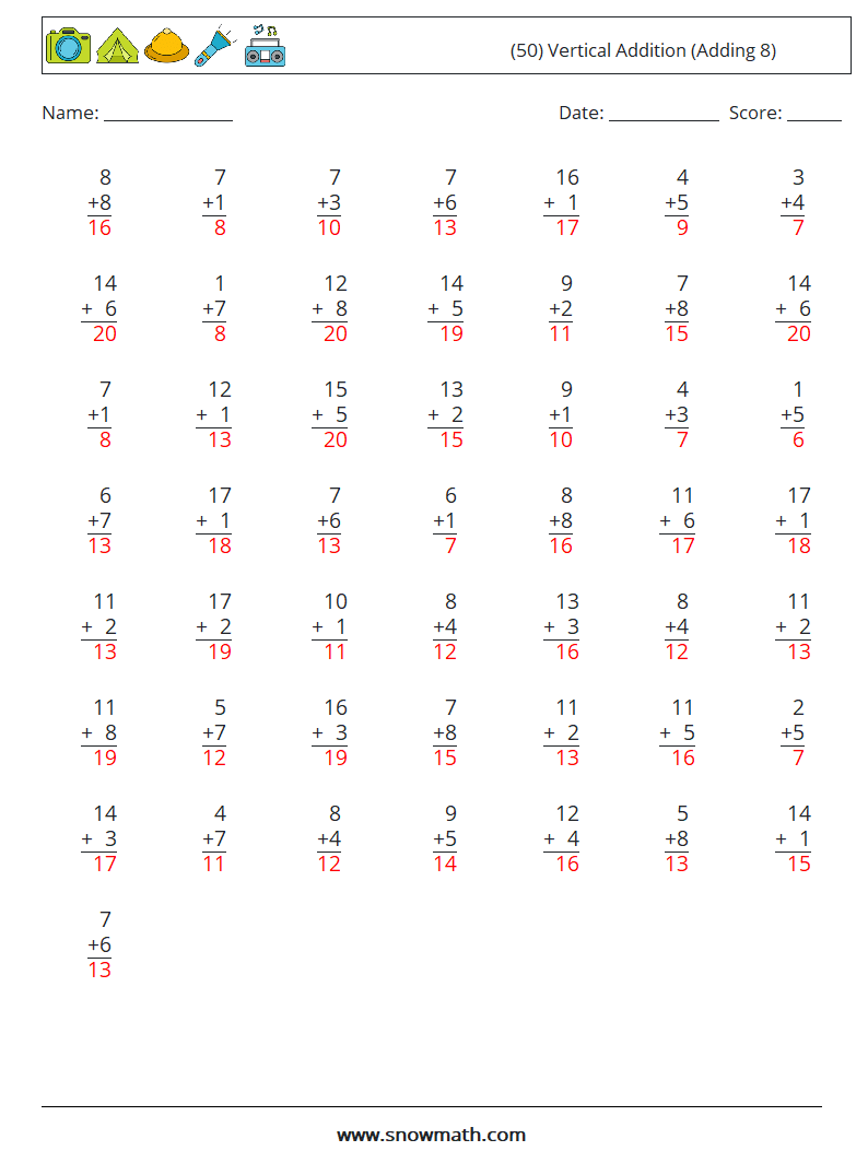 (50) Vertical  Addition (Adding 8) Maths Worksheets 12 Question, Answer