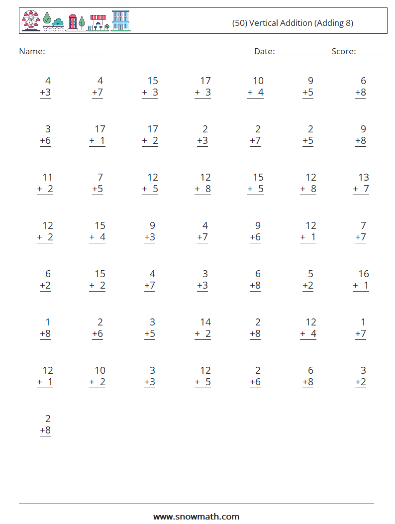 (50) Vertical  Addition (Adding 8) Maths Worksheets 17
