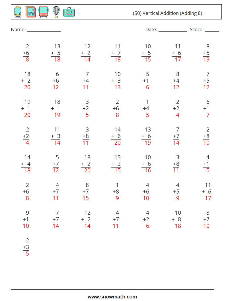 (50) Vertical  Addition (Adding 8) Maths Worksheets 18 Question, Answer