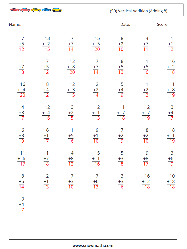 (50) Vertical  Addition (Adding 8) Maths Worksheets 1 Question, Answer