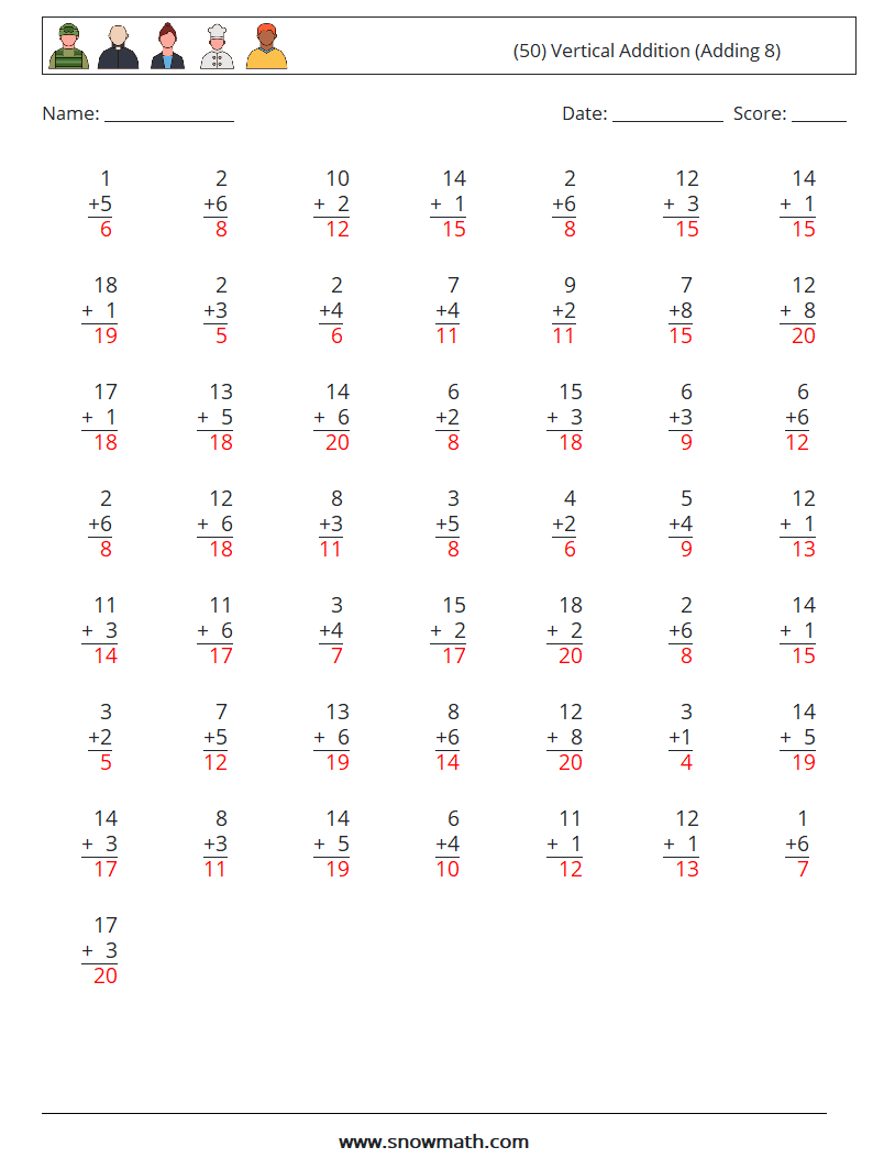 (50) Vertical  Addition (Adding 8) Maths Worksheets 2 Question, Answer