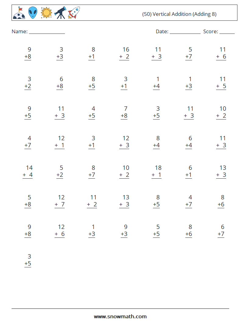(50) Vertical  Addition (Adding 8) Maths Worksheets 3