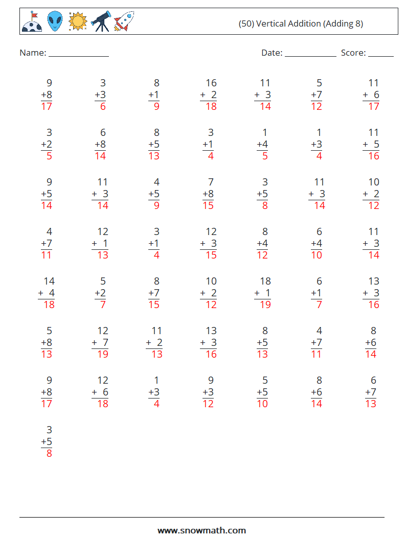 (50) Vertical  Addition (Adding 8) Maths Worksheets 3 Question, Answer