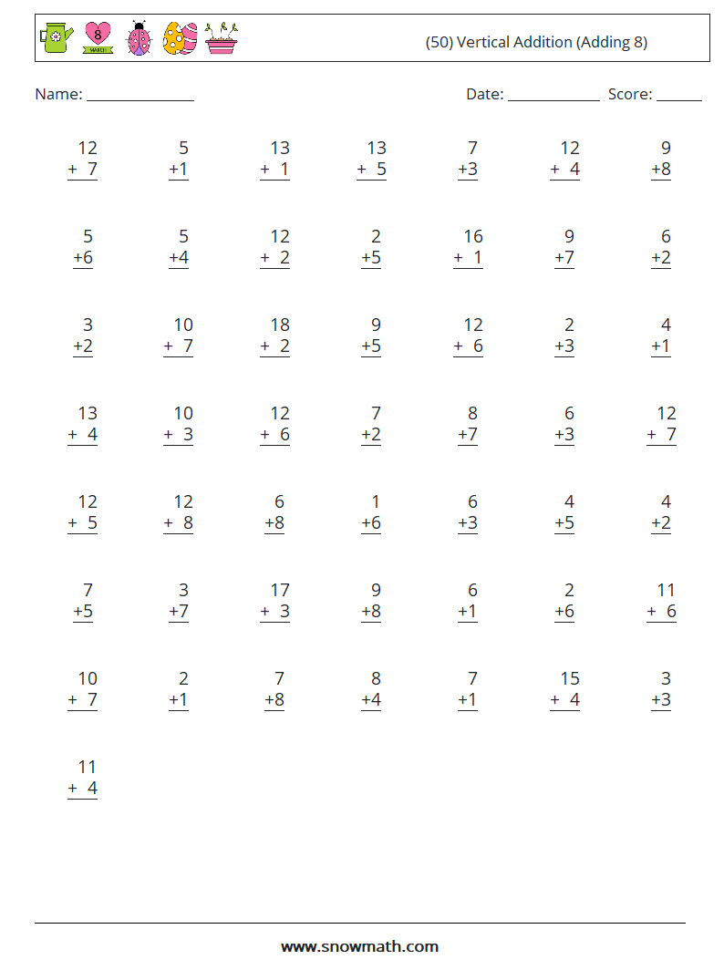 (50) Vertical  Addition (Adding 8) Maths Worksheets 4