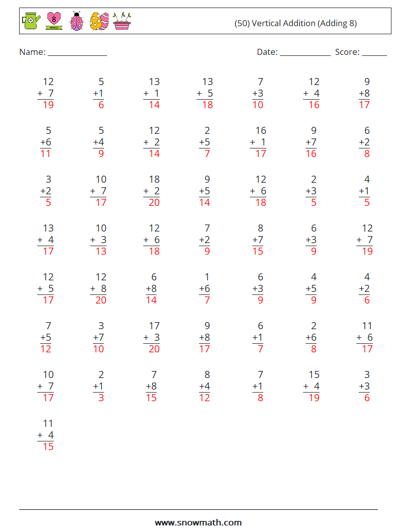 (50) Vertical  Addition (Adding 8) Maths Worksheets 4 Question, Answer