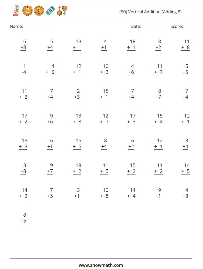 (50) Vertical  Addition (Adding 8) Maths Worksheets 5