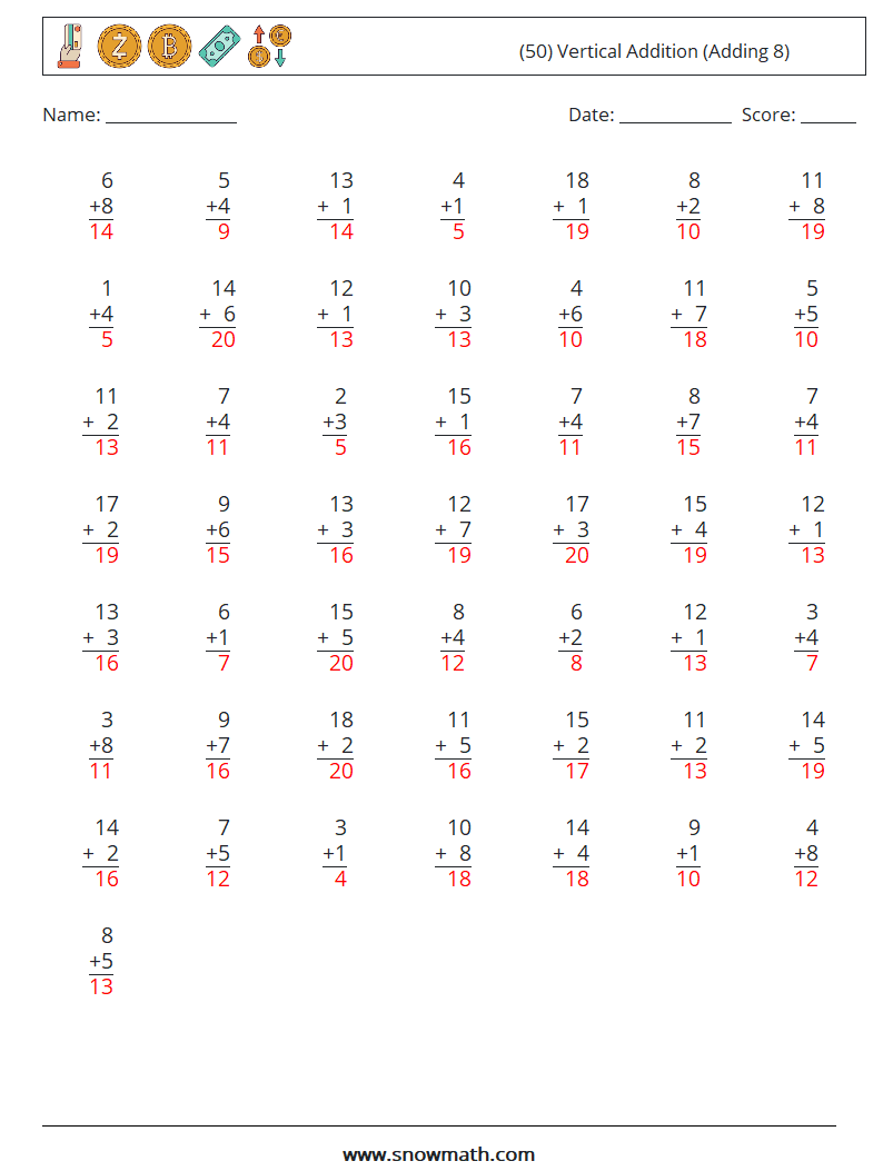 (50) Vertical  Addition (Adding 8) Maths Worksheets 5 Question, Answer