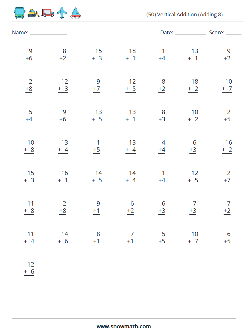 (50) Vertical  Addition (Adding 8) Maths Worksheets 6