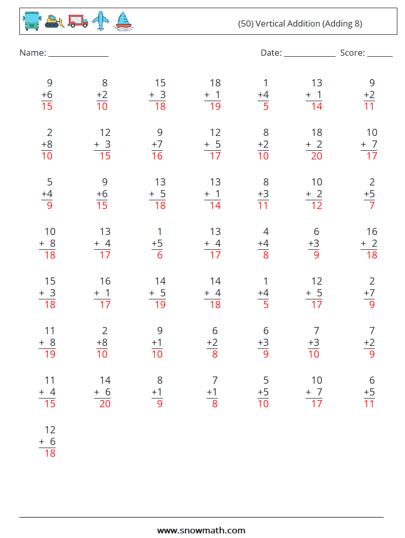 (50) Vertical  Addition (Adding 8) Maths Worksheets 6 Question, Answer