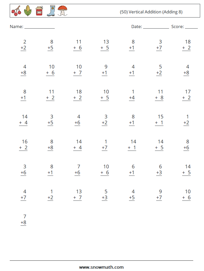 (50) Vertical  Addition (Adding 8) Maths Worksheets 7