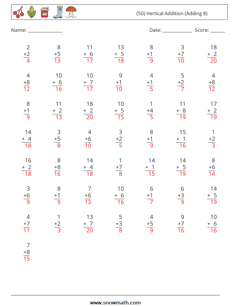 (50) Vertical  Addition (Adding 8) Maths Worksheets 7 Question, Answer