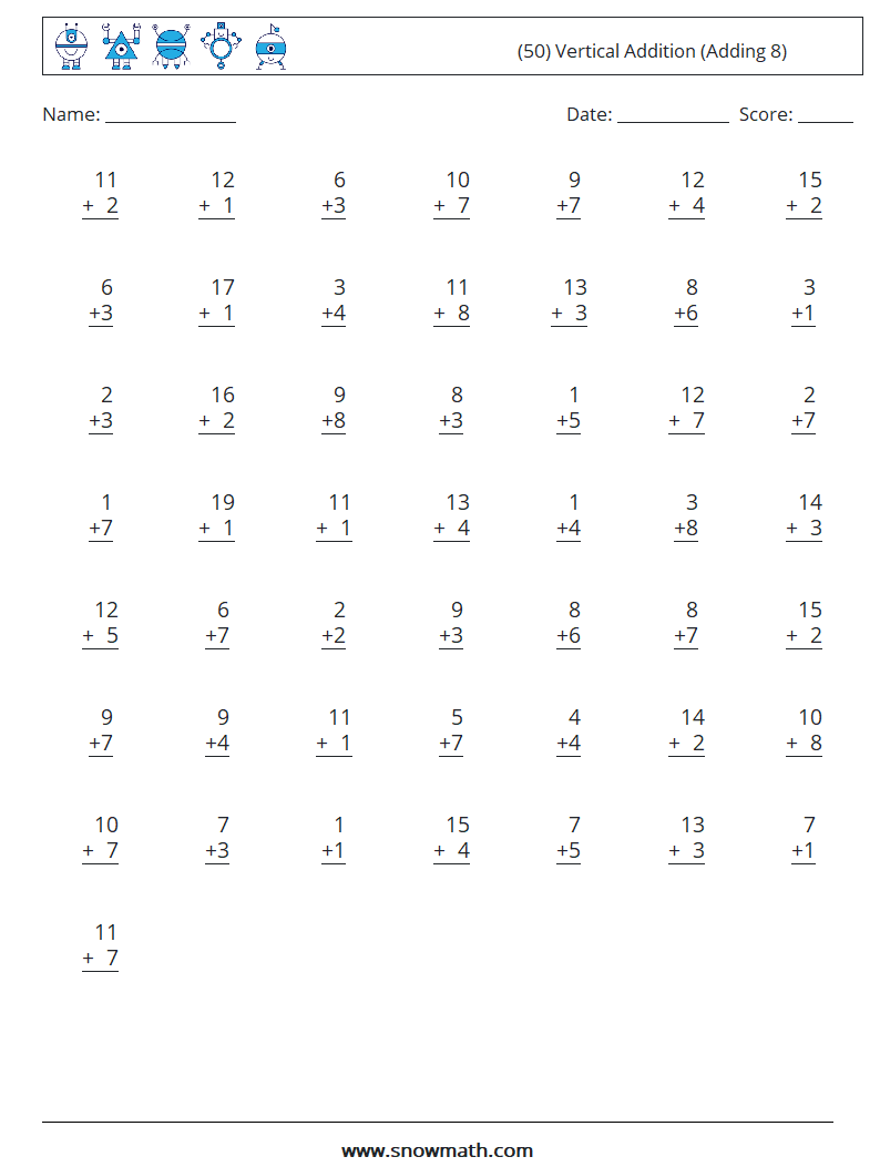 (50) Vertical  Addition (Adding 8) Maths Worksheets 8
