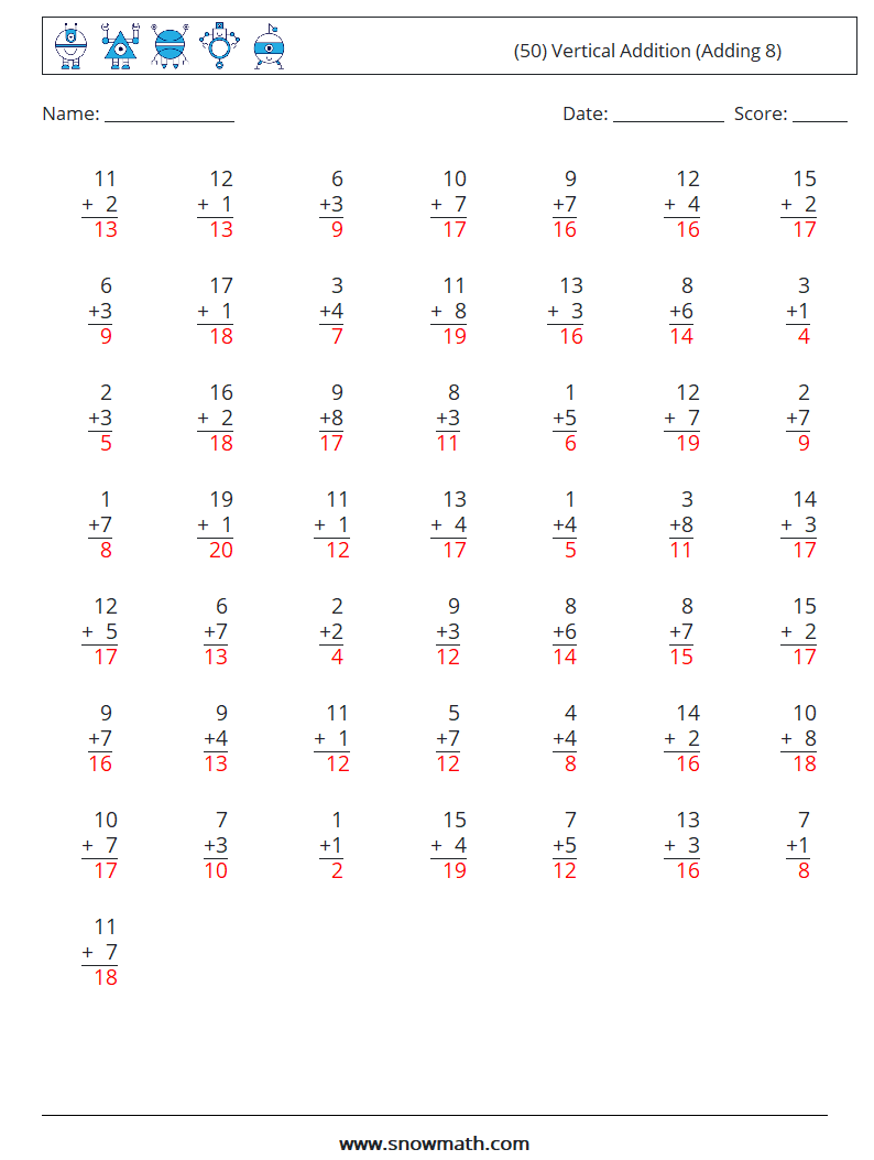 (50) Vertical  Addition (Adding 8) Maths Worksheets 8 Question, Answer