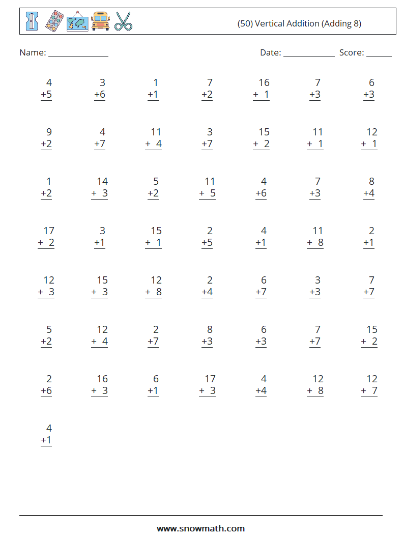 (50) Vertical  Addition (Adding 8) Maths Worksheets 9