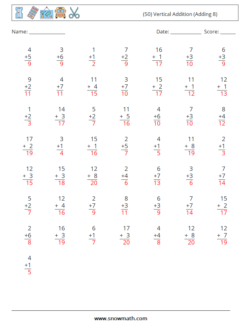 (50) Vertical  Addition (Adding 8) Maths Worksheets 9 Question, Answer