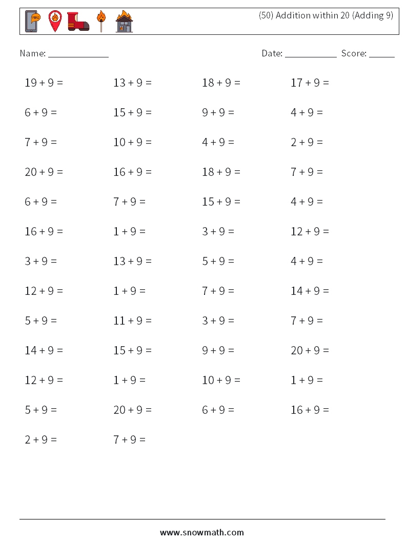 (50) Addition within 20 (Adding 9) Maths Worksheets 3