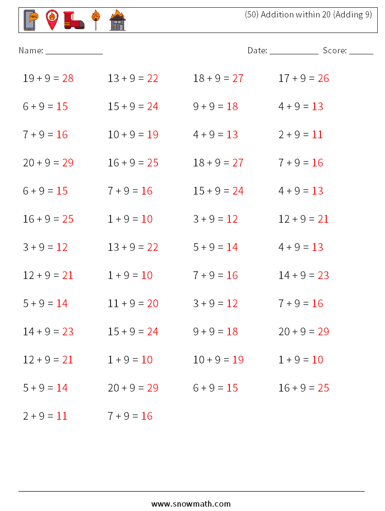 (50) Addition within 20 (Adding 9) Maths Worksheets 3 Question, Answer