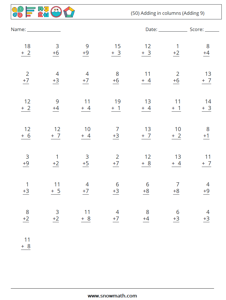 (50) Adding in columns (Adding 9) Maths Worksheets 1