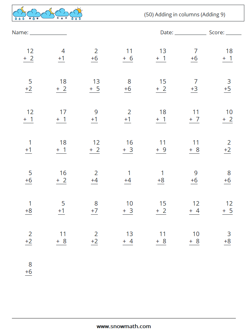 (50) Adding in columns (Adding 9) Maths Worksheets 10