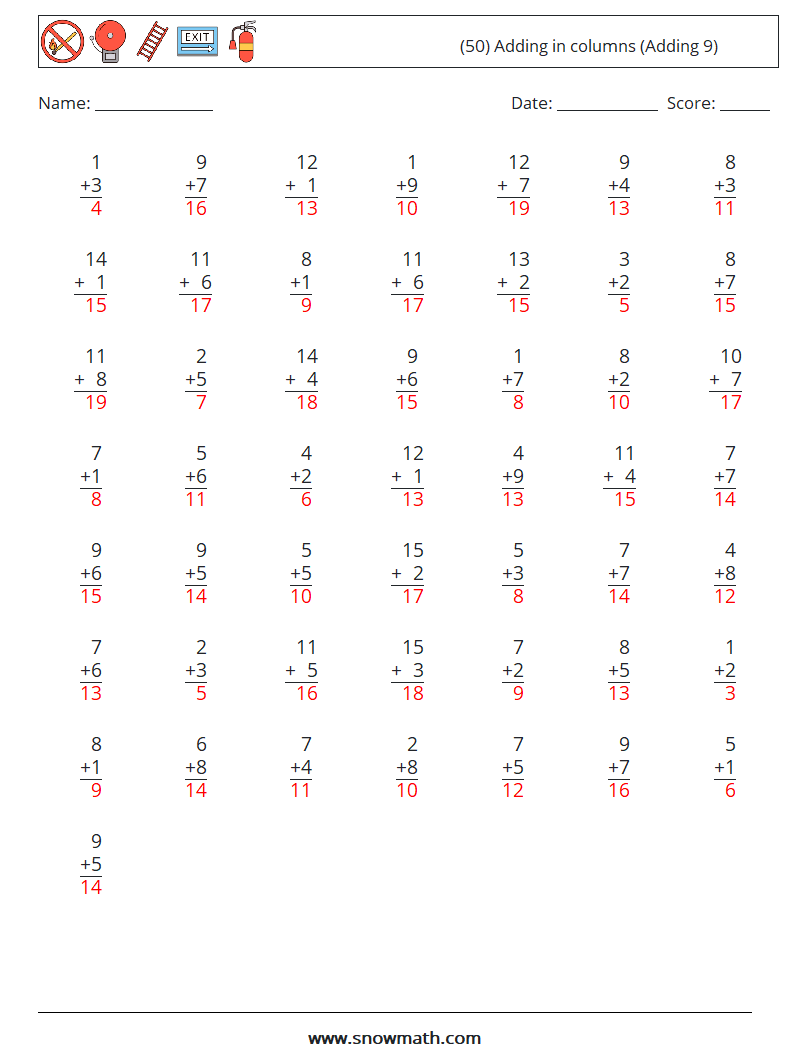 (50) Adding in columns (Adding 9) Maths Worksheets 11 Question, Answer