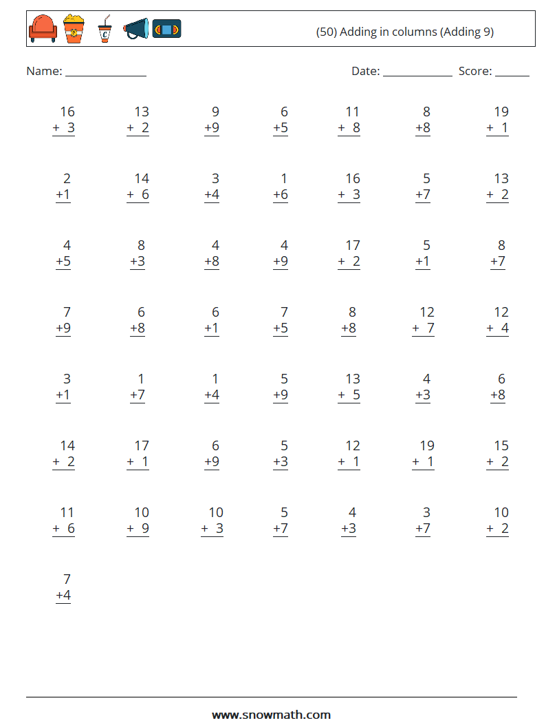 (50) Adding in columns (Adding 9) Maths Worksheets 12