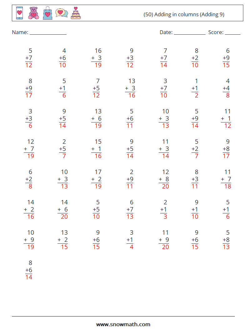 (50) Adding in columns (Adding 9) Maths Worksheets 14 Question, Answer