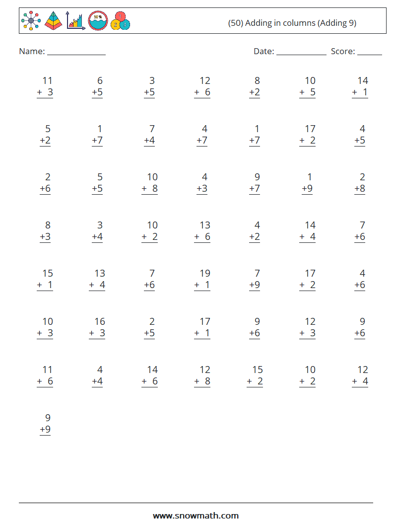 (50) Adding in columns (Adding 9) Maths Worksheets 18