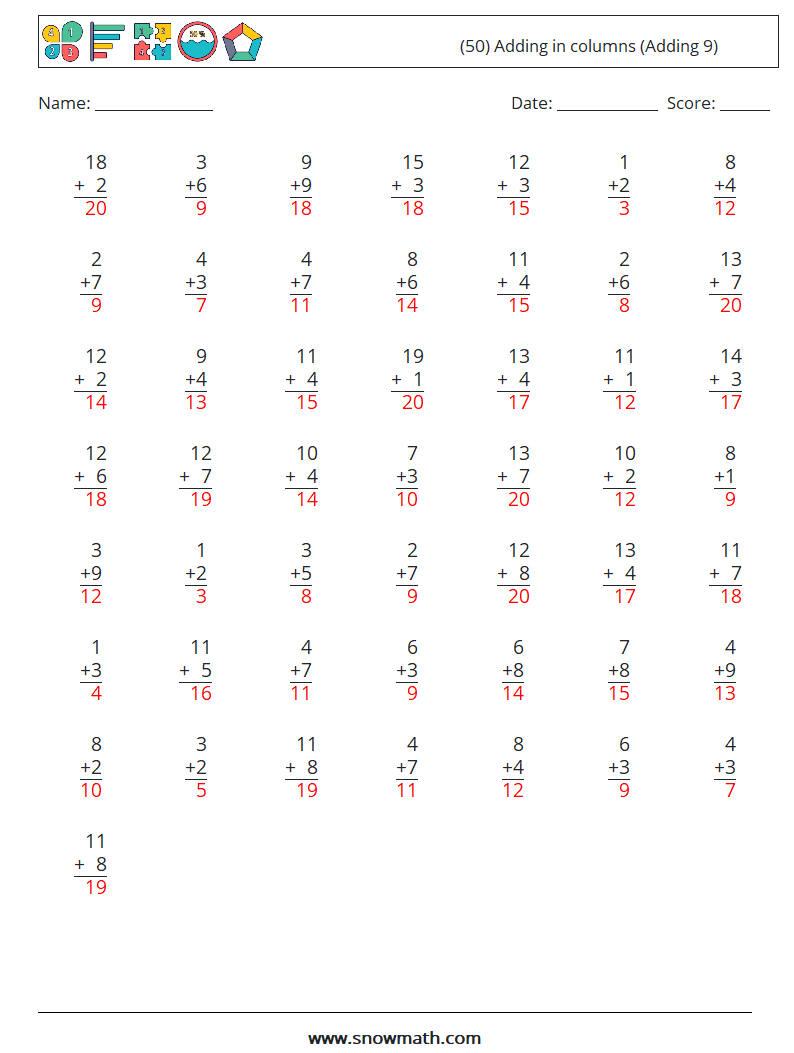 (50) Adding in columns (Adding 9) Maths Worksheets 1 Question, Answer