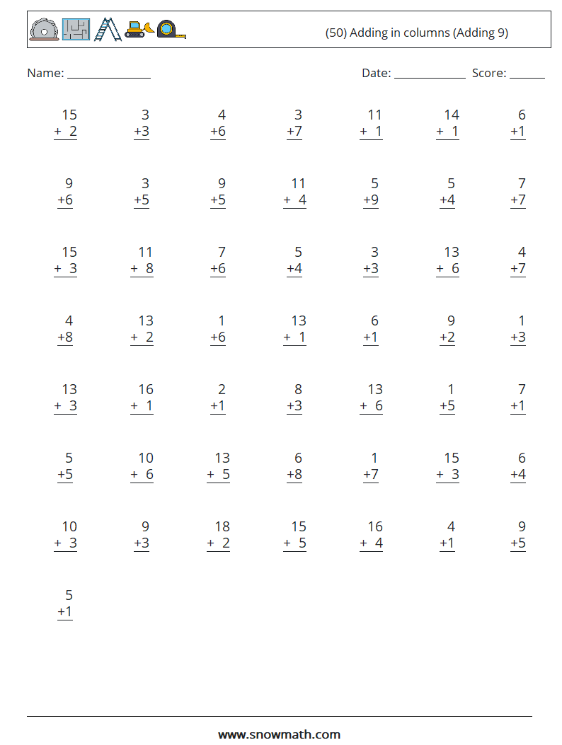 (50) Adding in columns (Adding 9) Maths Worksheets 2