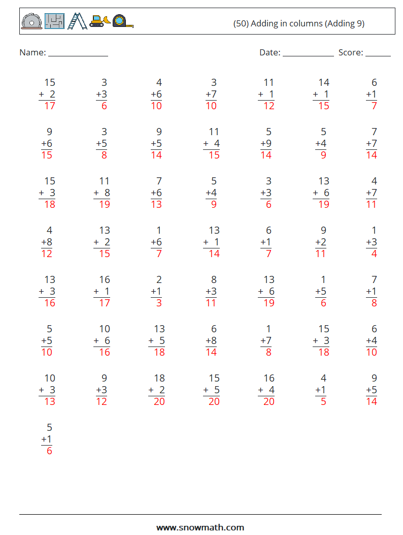 (50) Adding in columns (Adding 9) Maths Worksheets 2 Question, Answer