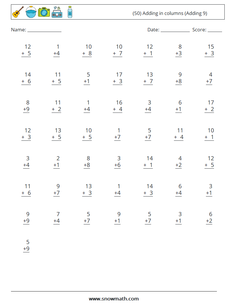 (50) Adding in columns (Adding 9) Maths Worksheets 4