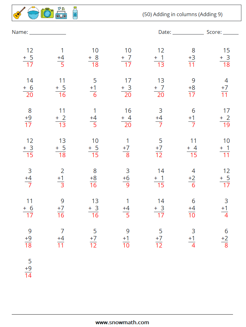 (50) Adding in columns (Adding 9) Maths Worksheets 4 Question, Answer