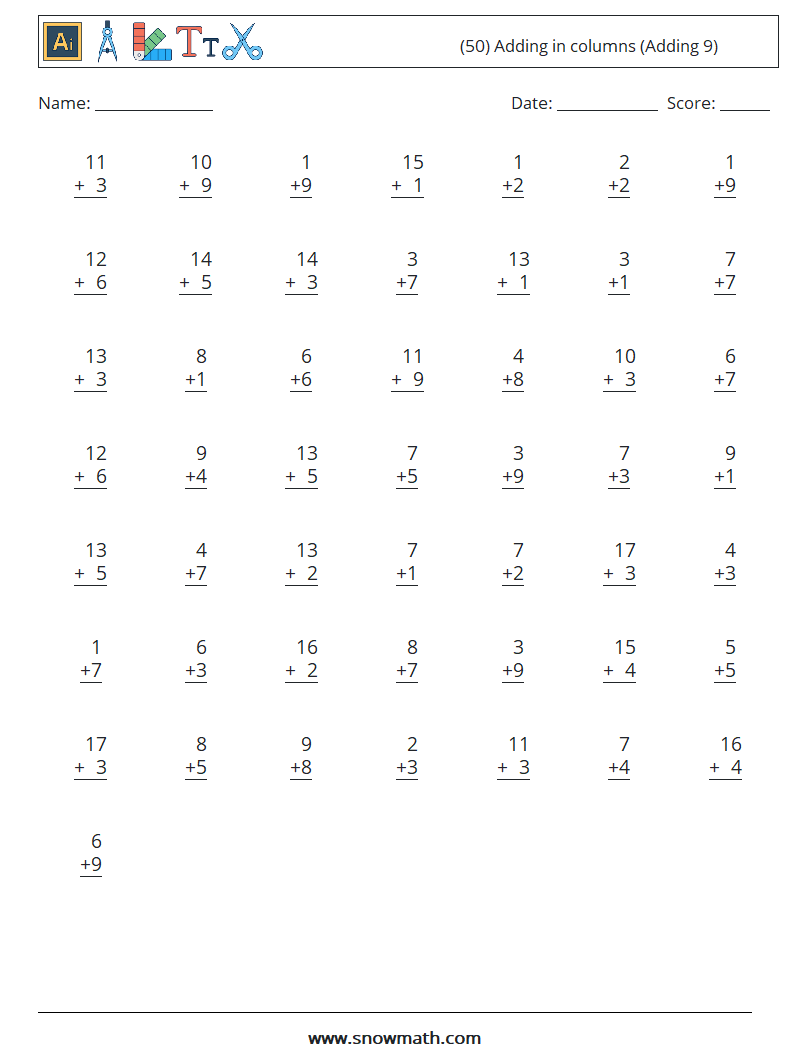 (50) Adding in columns (Adding 9) Maths Worksheets 5