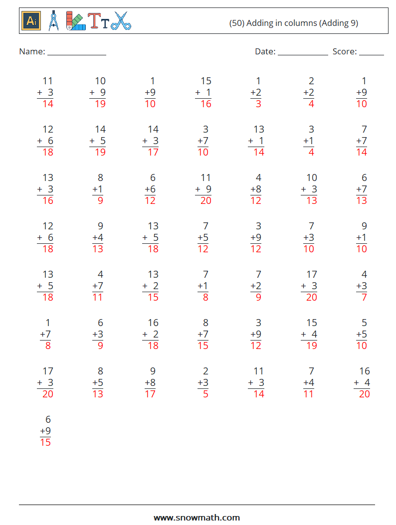 (50) Adding in columns (Adding 9) Maths Worksheets 5 Question, Answer