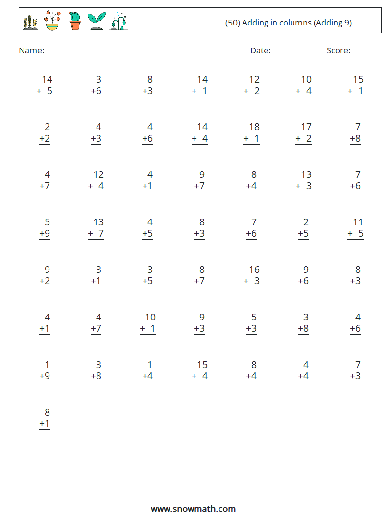 (50) Adding in columns (Adding 9) Maths Worksheets 6