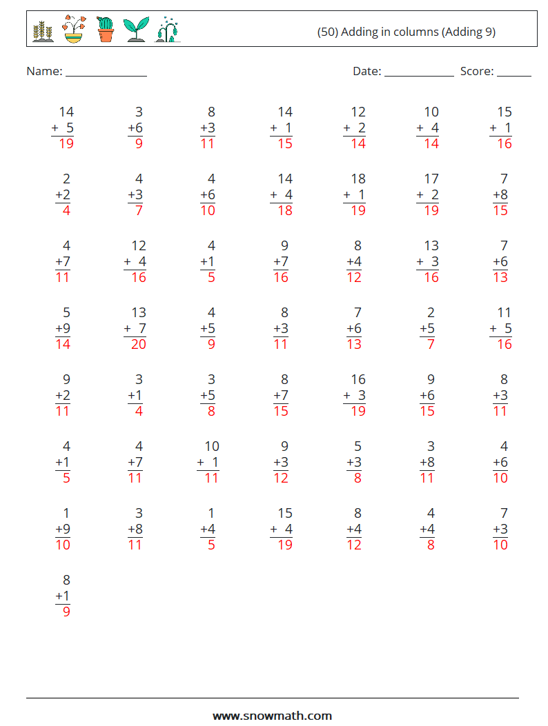 (50) Adding in columns (Adding 9) Maths Worksheets 6 Question, Answer