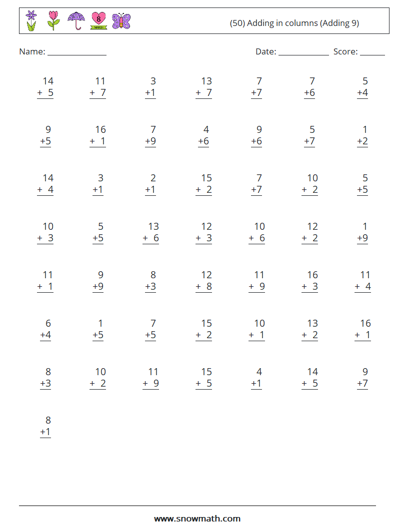 (50) Adding in columns (Adding 9) Maths Worksheets 7