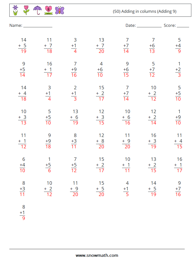 (50) Adding in columns (Adding 9) Maths Worksheets 7 Question, Answer