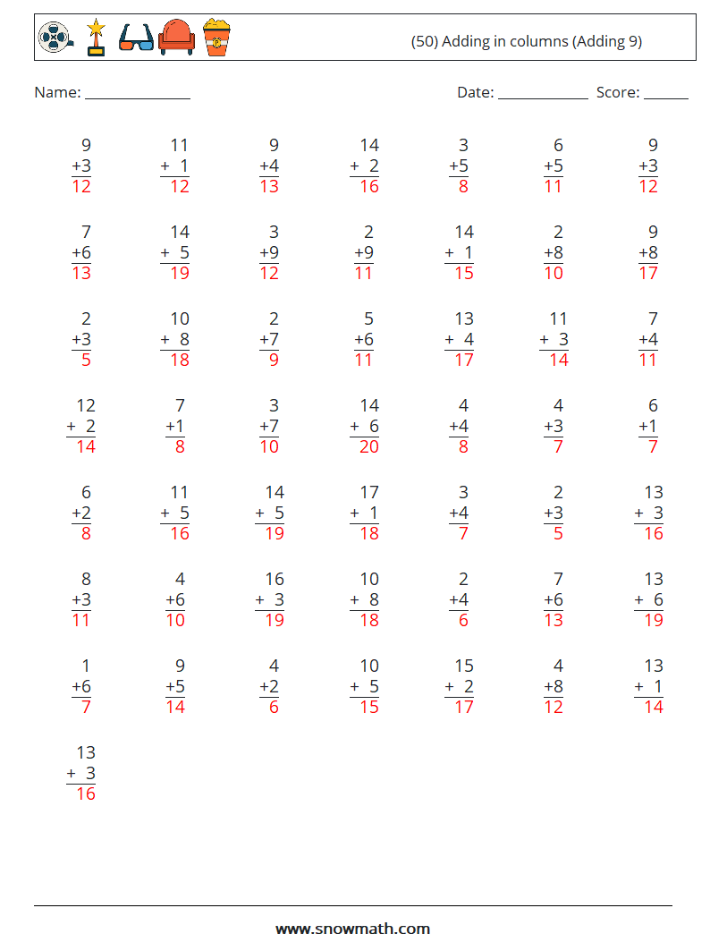 (50) Adding in columns (Adding 9) Maths Worksheets 9 Question, Answer