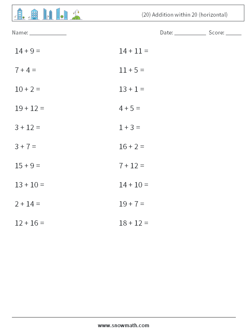 (20) Addition within 20 (horizontal) Maths Worksheets 8