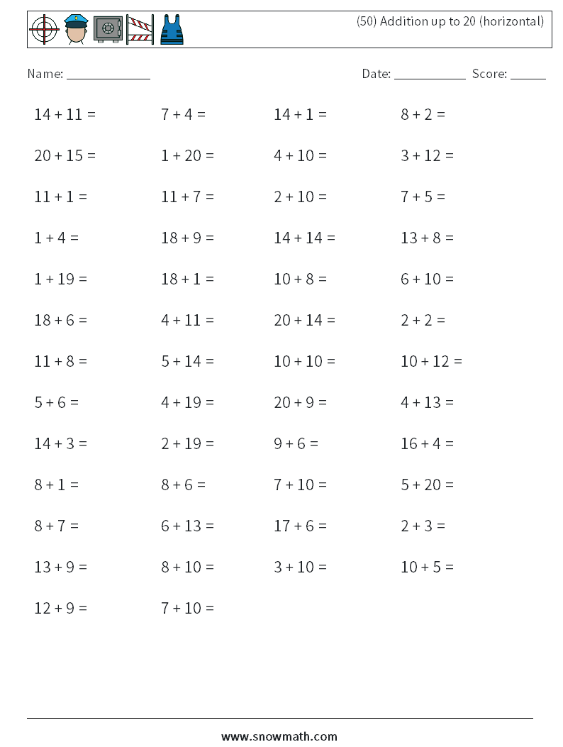 (50) Addition up to 20 (horizontal) Maths Worksheets 6